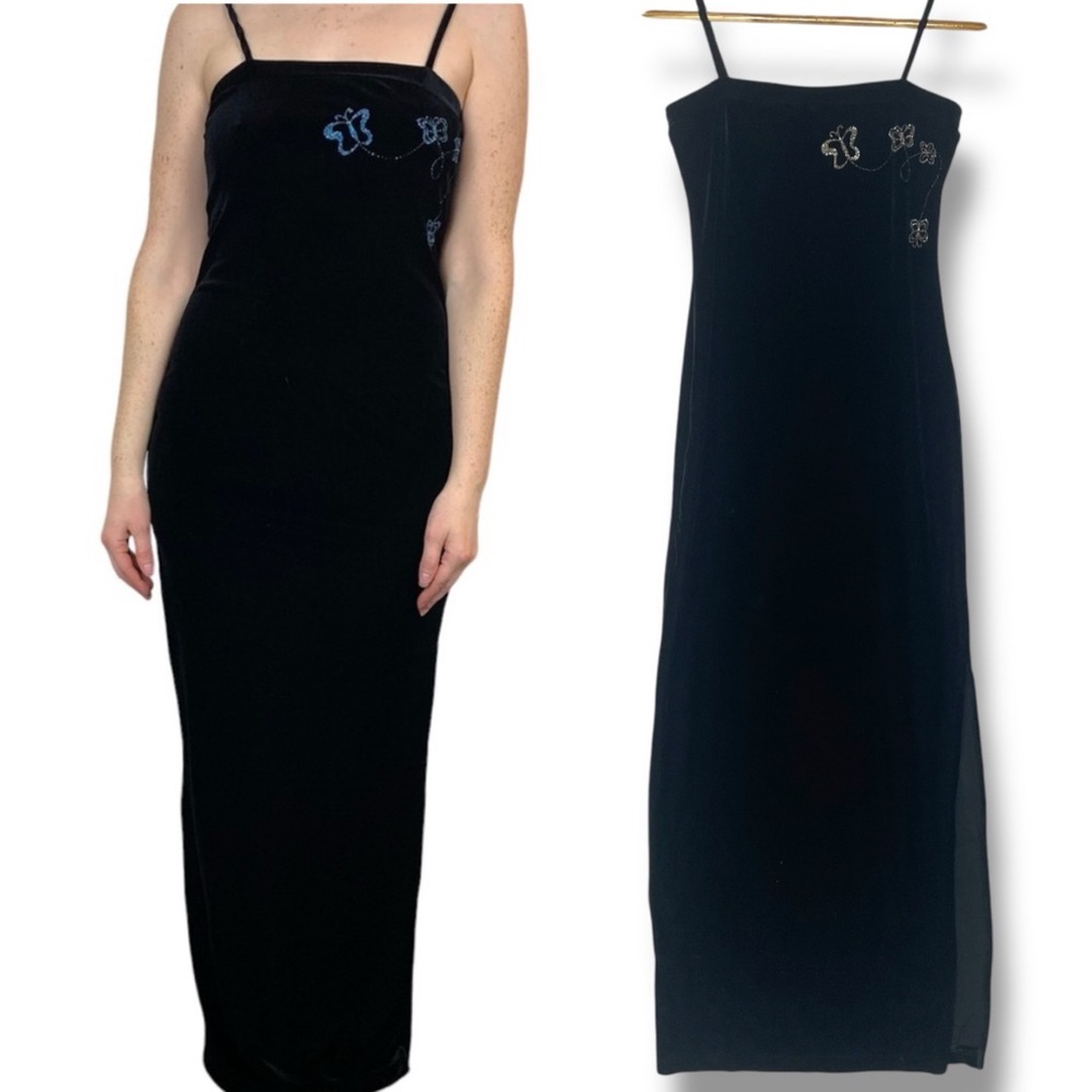Vintage 90s Y2K Black Velvet Sparkle Butterfly Leg Slit Maxi Prom Gown Small